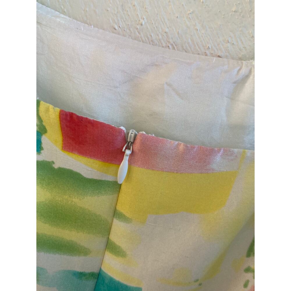Rickie Freeman Teri Jon Silk Watercolor Abstract Stripe Colorful Belted Dress 8 - Picture 11 of 15